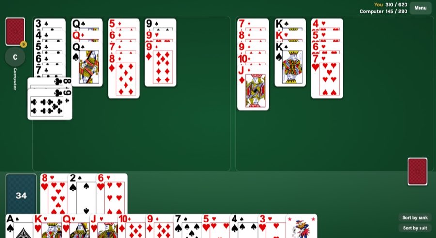 A Burraco Arena game in progress: melds on the table and a full hand below